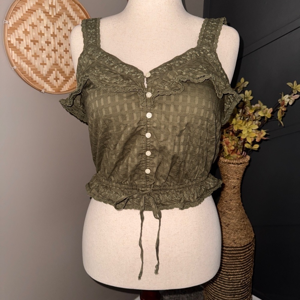 AMERICAN EAGLE Olive Green Button-Down Lace CROP Top, WOMENS M